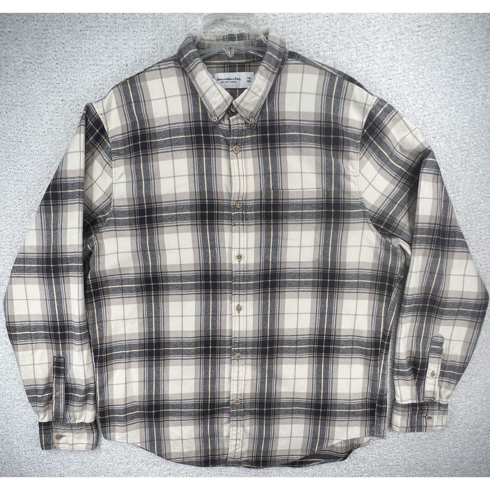 Abercrombie & Fitch Shirt Mens XXL Soft A&F Plaid Flannel Cream Gray Cotton EUC